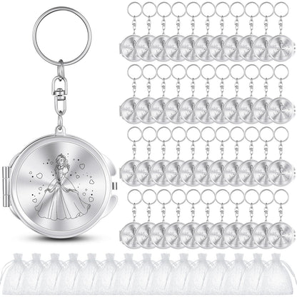 Nosiny 50 Sets Quinceanera Party Favor for Guests Silver Compact Mirror Keychain with White Organza Bag 15 Birthday Gift for Guest Princess Party Favor