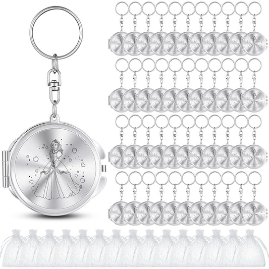 Nosiny 50 Sets Quinceanera Party Favor for Guests Silver Compact Mirror Keychain with White Organza Bag 15 Birthday Gift for Guest Princess Party Favor