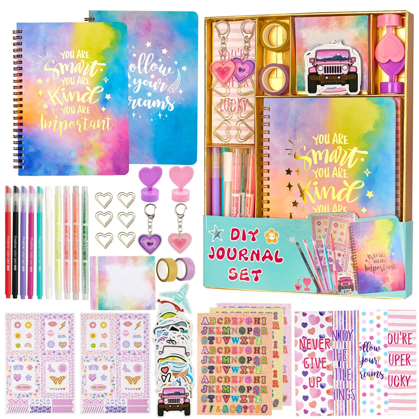OIHEW 100+ Pcs DIY Journal Kit for Teen Girls - Scrapbook Supplies & Aesthetic Stationary Set with 2 Spiral Notebooks, Stickers, Glitter Pens - Arts and Crafts Birthday Gift for Tweens Girls Age 8-12+