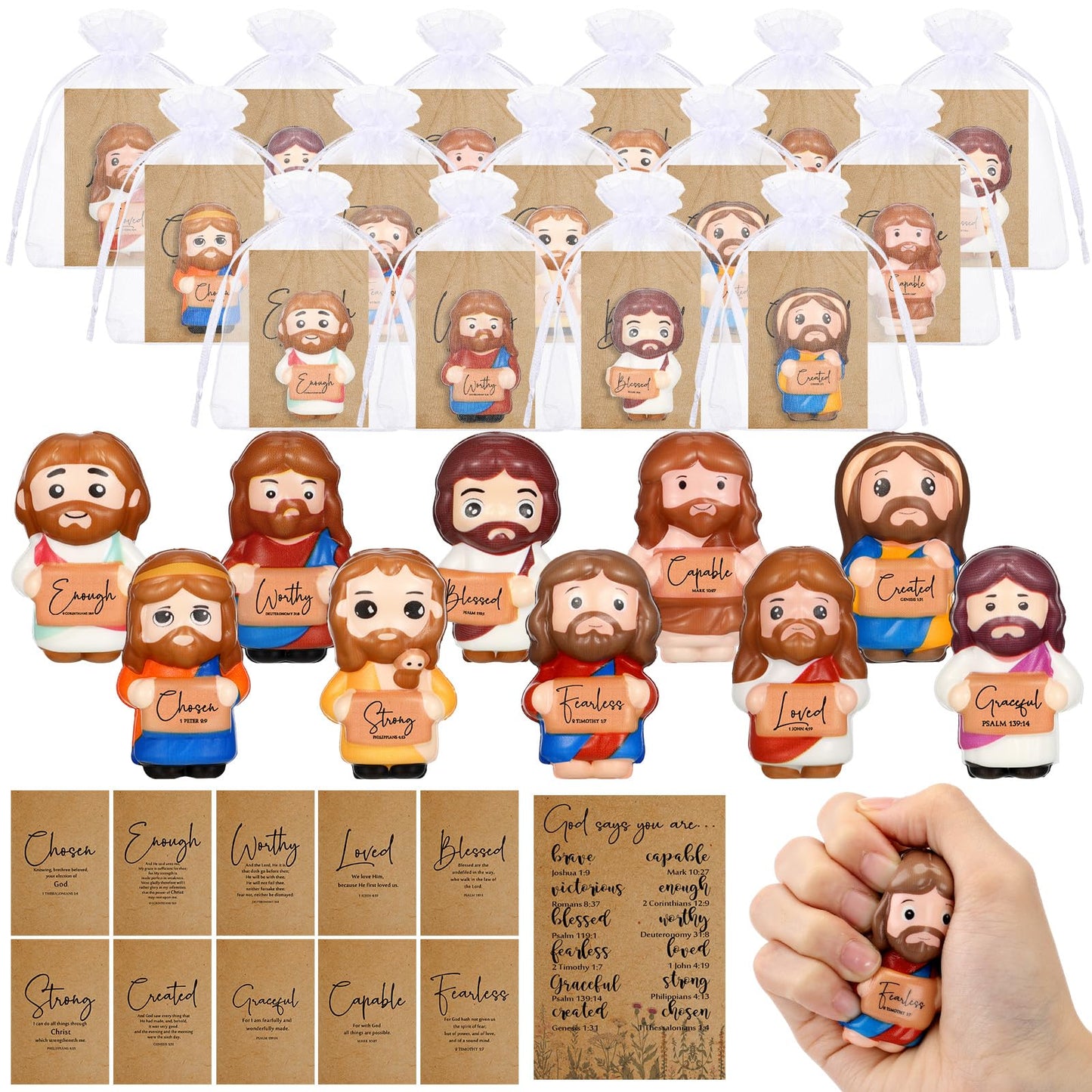 Soulchen 50 Set Fathers Day Jesus Gifts Bulk, 2.36 Inch Large Jesus Figures Stress Ball with Prayer Card and Organza Bag, Inspirational Christian Gifts for Church, Party Favor, Desk Decor (Scripture)