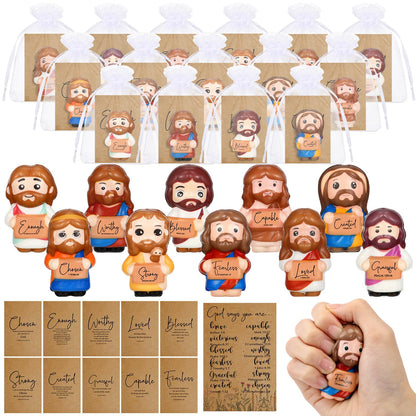 Soulchen 50 Set Fathers Day Jesus Gifts Bulk, 2.36 Inch Large Jesus Figures Stress Ball with Prayer Card and Organza Bag, Inspirational Christian Gifts for Church, Party Favor, Desk Decor (Scripture)