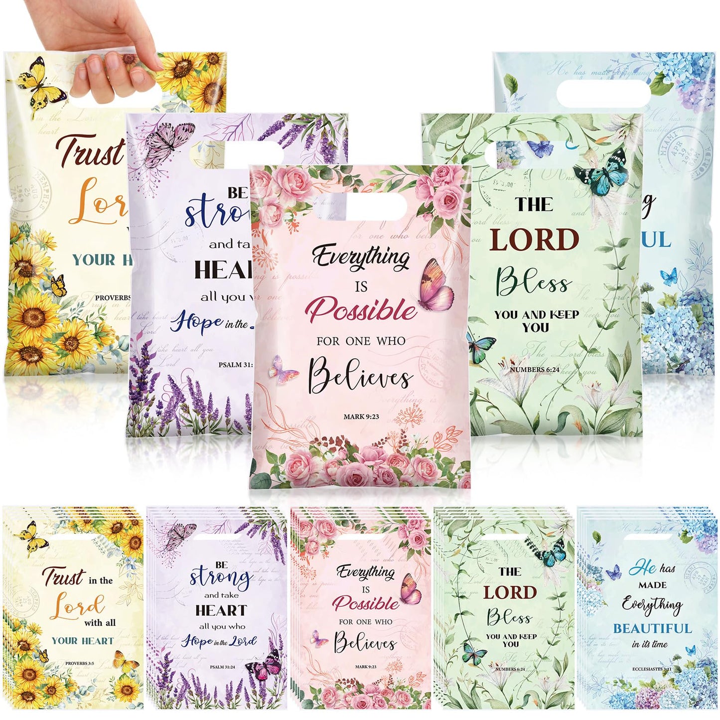 Pajean 100 Pcs Christian Gift Bags Mother's Day Floral Bible Verse Plastic Bags with Handles Religious Party Favor Pouch Inspirational Flower Candy Goodie Pouch for Women Wedding Church Gifts Supply