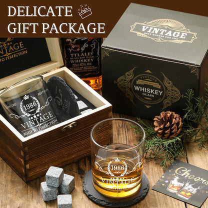 40th Birthday Gifts for Men Whiskey Glass Set - 40th Birthday Decorations, Party Supplies - 40 Year Anniversary, Bday Gifts Ideas for Him, Dad, Husband, Friends - Wood Box & Whiskey Stones & Coaster