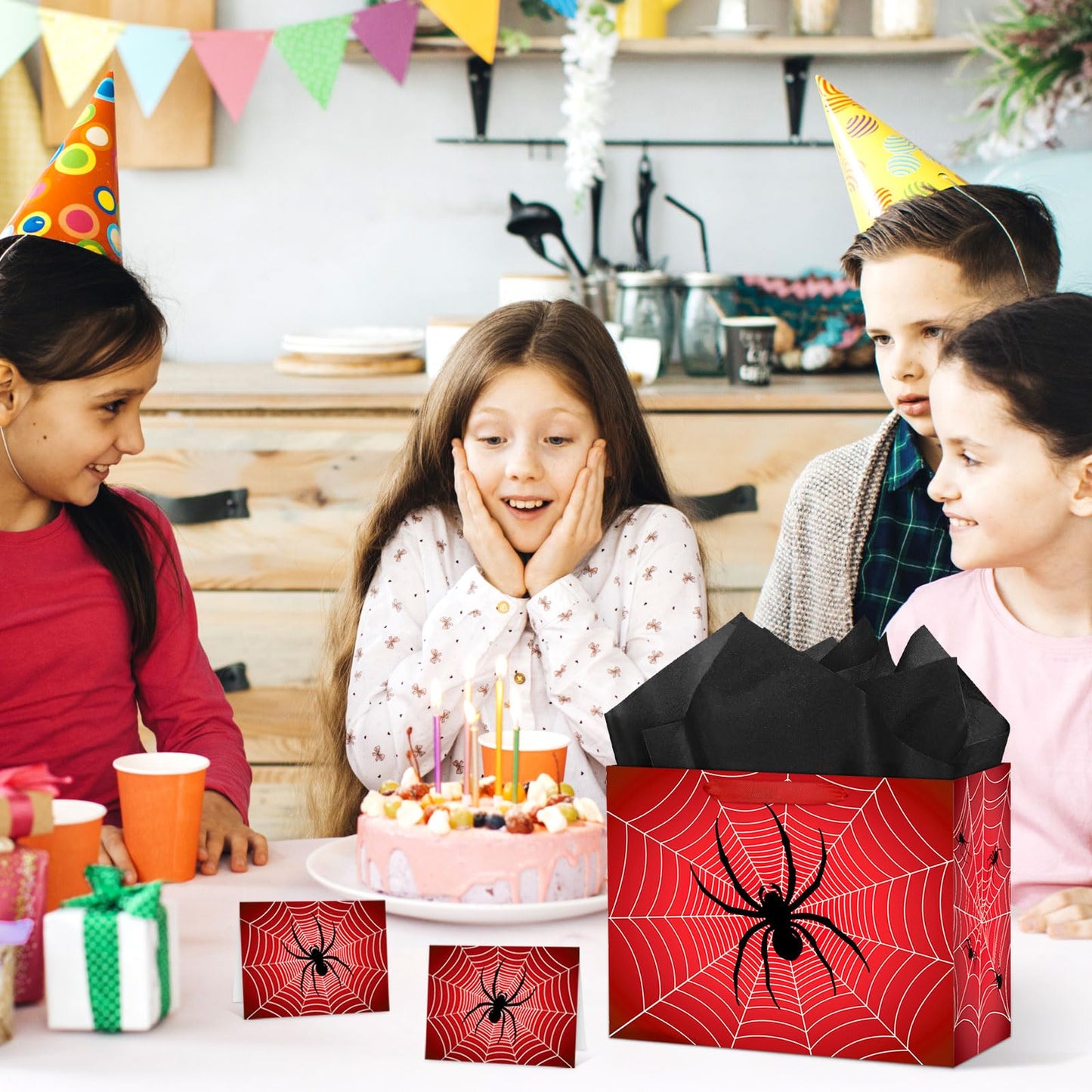 Abilat Large Spider Gift Bag with Tissue Paper and Greeting Card Red Spider Web Birthday Party Favor Wrapping Bag for Boys Men Valentine Halloween Party Decorations
