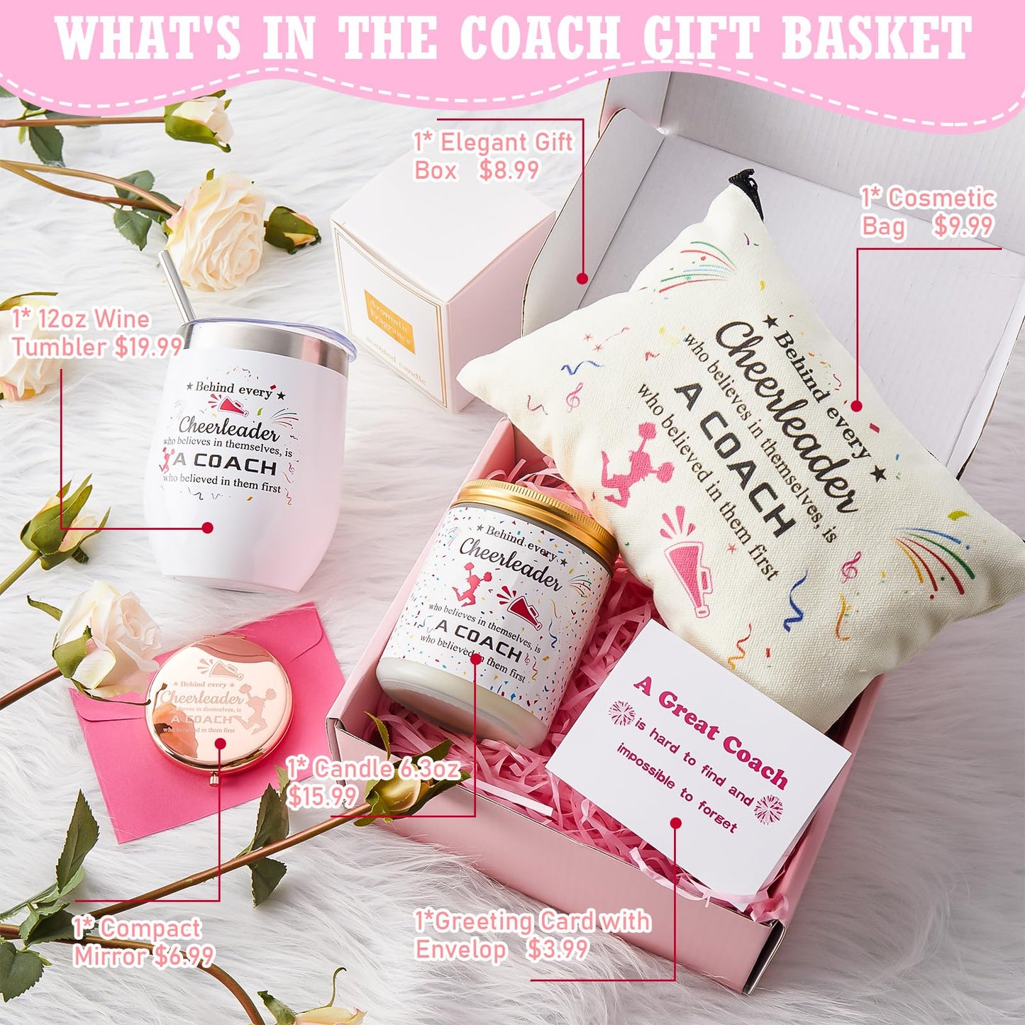 7 Pcs Cheer Coach Gifts for Women Cheerleader Gifts Include Cheer Tumbler Cup, Makeup Bag, Compact Mirror, Candle Cheerleader Card for Coach Birthday(Rose Red)