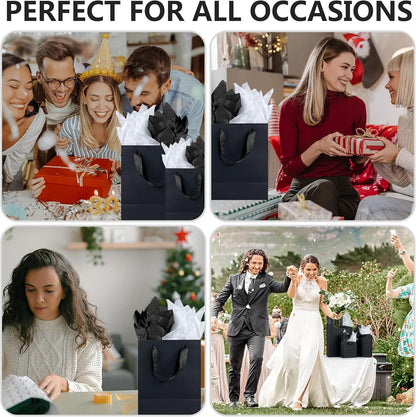 Assorted Sizes Black Gift Bags with Ribbon Handles Kraft Paper Shopping Bags with Tissue Paper for Party Business Wedding Birthday Graduation Fathers Day (Black 6, 9 , 12.6 Inches, 6 Inches, 9 Inches, 12.6 Inches)