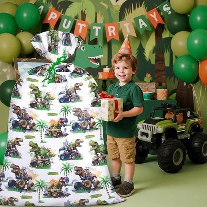 Loveinside Jumbo Large Plastic Gift Bag, Dinosaur with Tropical Monster Truck Design Design Plastic Bag with Tag and Tie for Boys' Birthday Party Gifts and Celebration - 56" x 36", 1 Pcs