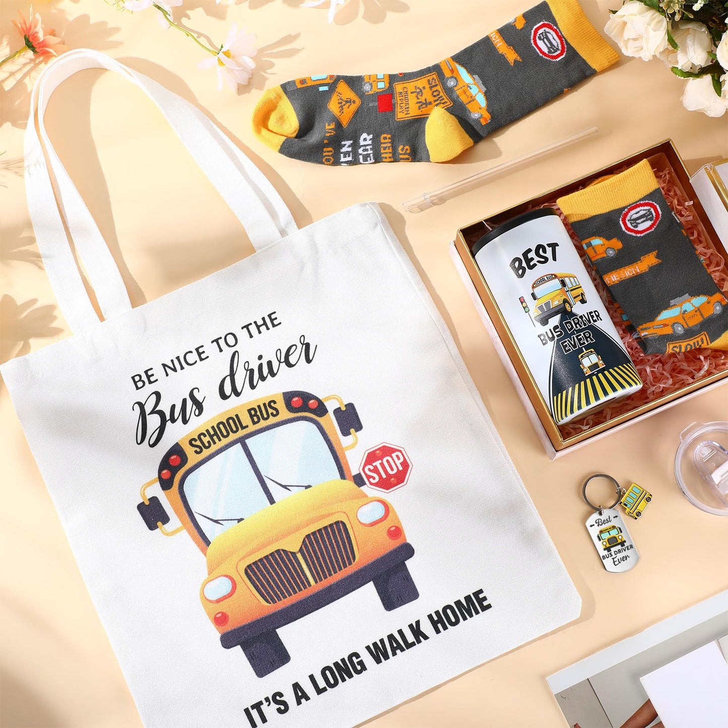 Sieral 4 Pcs School Bus Driver Appreciation Gifts for Women Men 12 oz Stainless Steel 4 in 1 Design Bus Driver Tumbler Cup and Lids Funny Bus Driver Canvas Bag Bus Driver Keychain Bus Driver Socks
