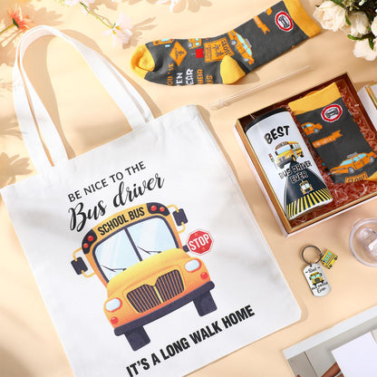 Sieral 4 Pcs School Bus Driver Appreciation Gifts for Women Men 12 oz Stainless Steel 4 in 1 Design Bus Driver Tumbler Cup and Lids Funny Bus Driver Canvas Bag Bus Driver Keychain Bus Driver Socks