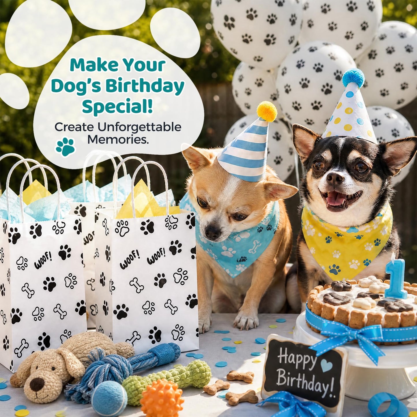 LovesTown 16 Pack Goodie Bags, 5.5 x 2.8 x 8 Inch Animal Party Favor Paw Prints Gift Bags with Handles for Dog Pet Themed Party Retail Grocery Bulk Supplies