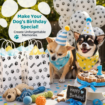 LovesTown 16 Pack Goodie Bags, 5.5 x 2.8 x 8 Inch Animal Party Favor Paw Prints Gift Bags with Handles for Dog Pet Themed Party Retail Grocery Bulk Supplies