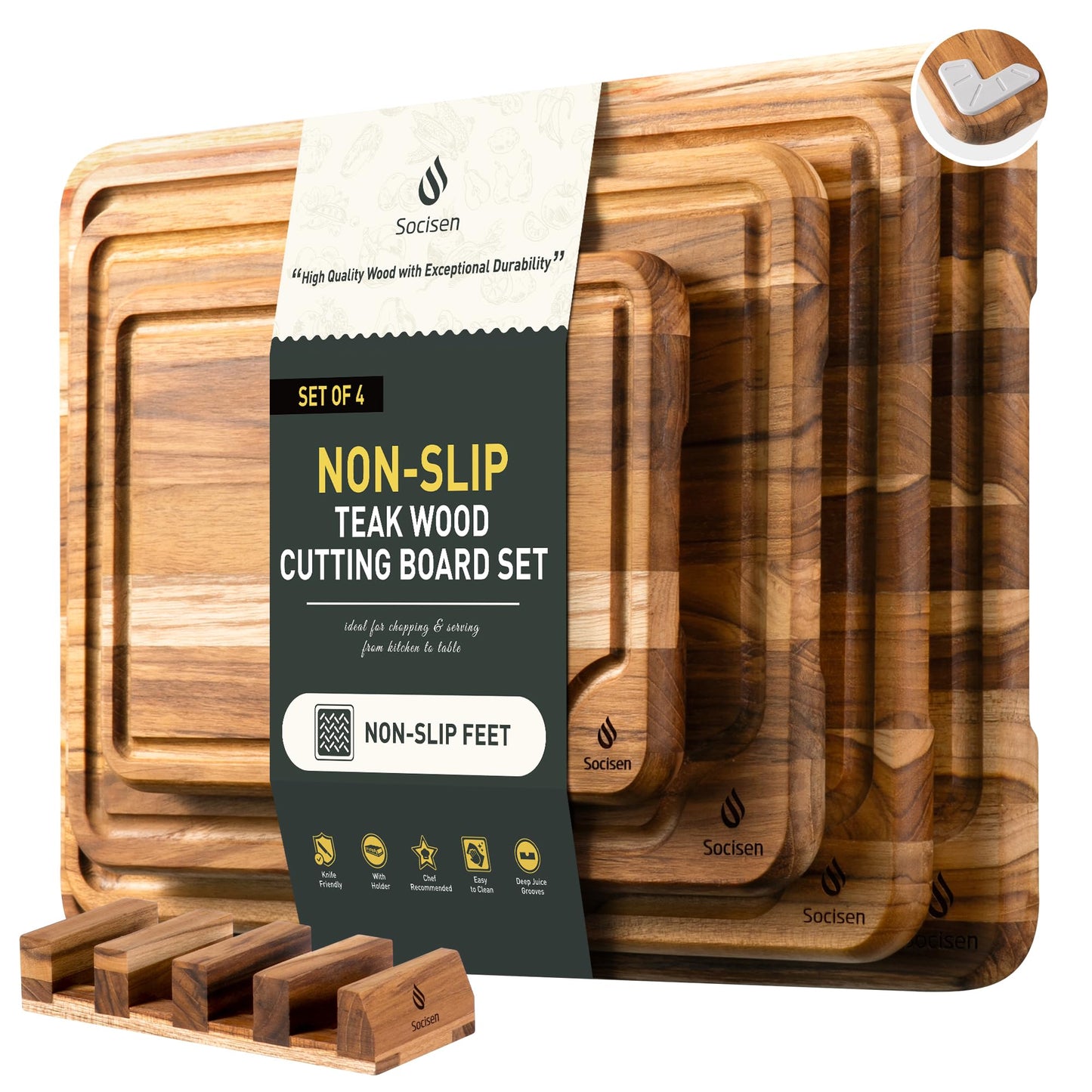 4 Pack Teak Wood Cutting Board Set for Kitchen Heavy Duty Non Toxic Non Slip Solid Thick Wood Haus Chopping Board Extra Large Big Small Meat Best Essential House Warming Hostess Host Gift
