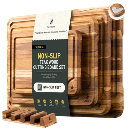 4 Pack Teak Wood Cutting Board Set for Kitchen Heavy Duty Non Toxic Non Slip Solid Thick Wood Haus Chopping Board Extra Large Big Small Meat Best Essential House Warming Hostess Host Gift