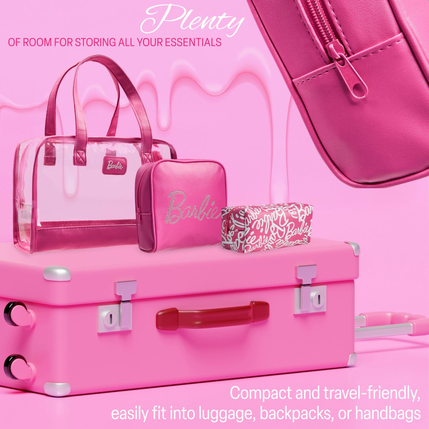 Get Trend Barbie Toiletry Bags Set of 3, Zipped Wash Bag and Cosmetic Bag Holiday Essentials