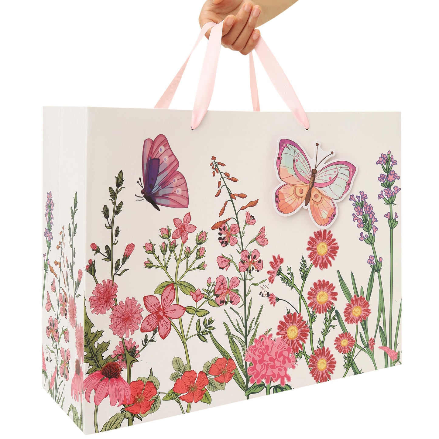 Qirrmiy 16.5” Extra Large 3D Butterfly Gift Bag Set with Handles, Greeting Card, Pink Tissue Papers and Stickers for Women Girls for Birthday, Mothers' Day, Wedding, Anniversary, Floral Design, 1 Pcs