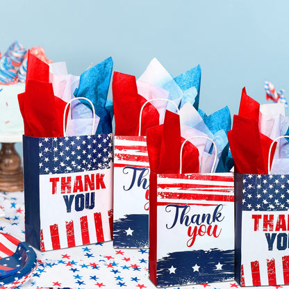 16 Pcs Patriotic Thank You Gift Bags with 18 Red White Blue Tissue Paper American Flag Party Favor USA Paper Treat Goodie Bags with Handle for 4th of July Veterans Memorial Independence Day Party
