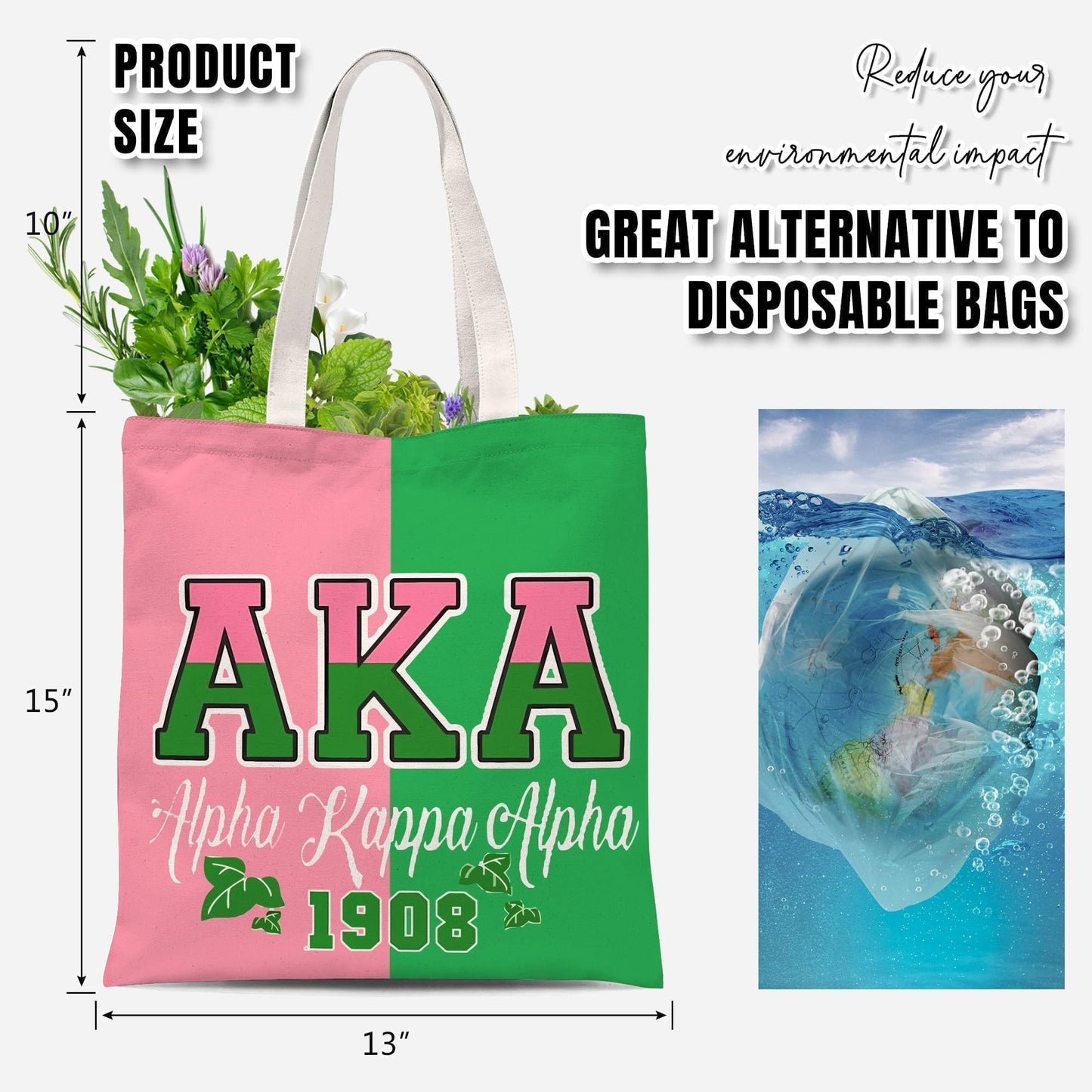 ATHAND AKA Sorority Canvas Tote Bag with Zipper Inner Pocket,Reusable Shopping Beach Travel Grocery Bag for Friend,Girl