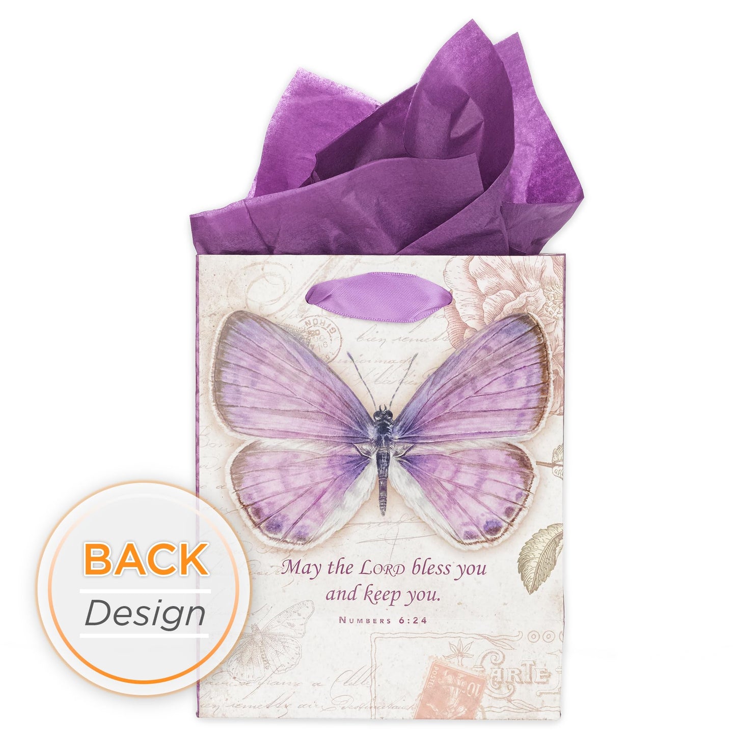Christian Art Gifts Gift Bag, Card, and Tissue Paper Blessed Day Numbers 6:24 Bible Verse, Purple Butterfly, Small