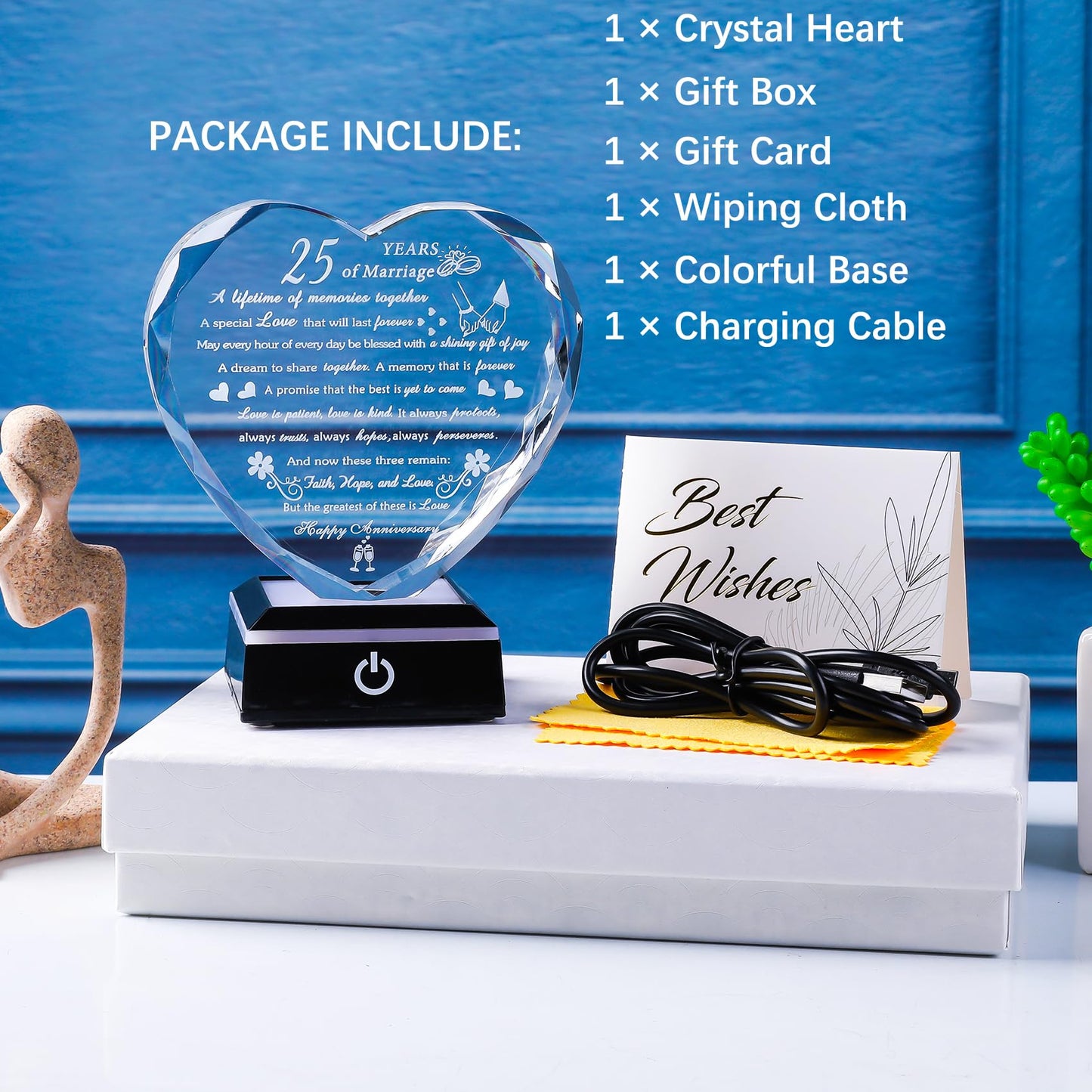 25th Wedding Anniversary Crystal Gifts for Couples Parents, Romantic Heart 25th Anniversary Keepsake Gifts for Her Him, 25 Years of Anniversary Marriage Gifts for Wife Husband