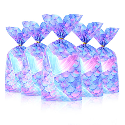 Mikzhskr Mermaid Party Favors - 30 Pcs Decorations, Cookie Goodie Candy Gift Bags, Little Mermaid Cellophane Treat Bags With 30 Pcs Gold Twist Ties for Birthday Party Supplies