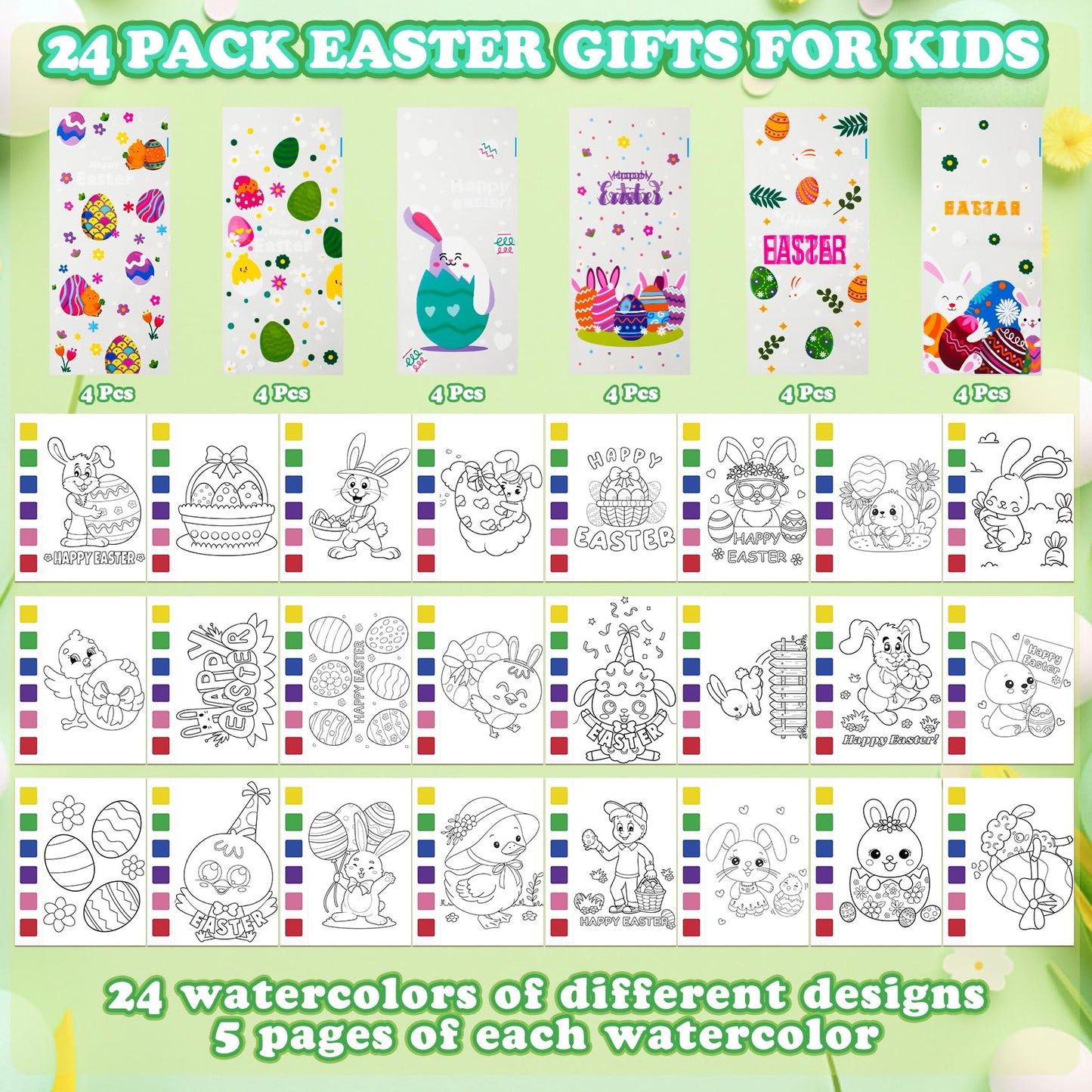 Easter Gifts for Kids, 24 Pack(192 PCS) Water Coloring Books with Goodie Bags Bulk for Easter Basket Stuffers Classroom Prizes School Activities Supplies Easter Crafts Toys Party Favors