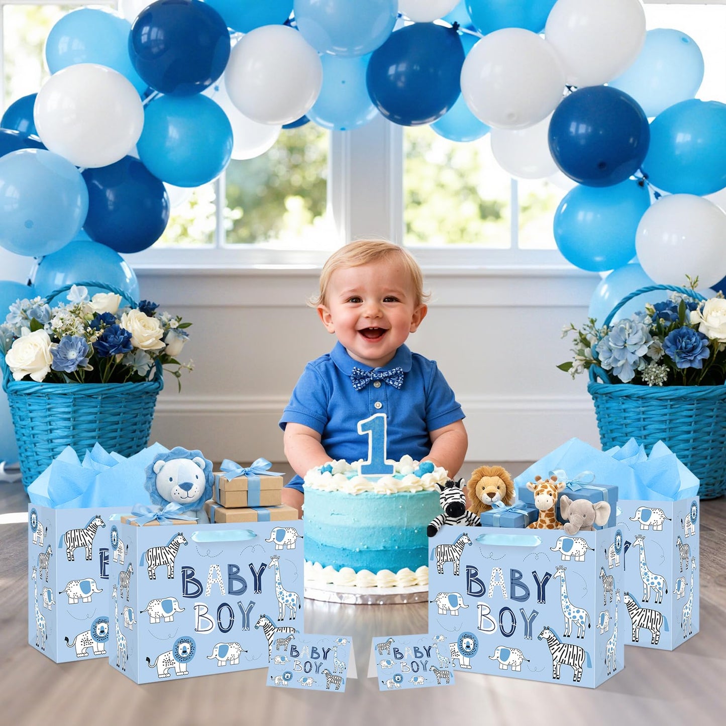 Baby Boy Gift Bag Animal Baby Shower Paper Gift Bag with Tissue Paper and Greeting Card, Blue Animal Baby Boy Birthday Wrapping Paper Bag for Kids Boys Baby Shower Birthday Party Decorations Supplies