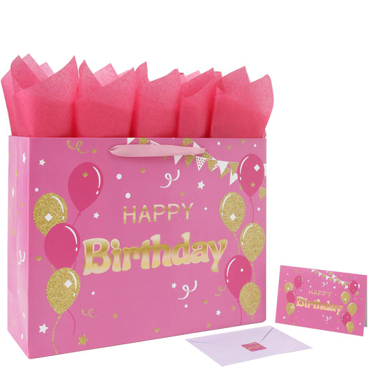 Qirrmiy 16.5" Extra Large Pink Happy Birthday Gift Bag Set with Handles, Greeting Card, Tissue Papers and Stickers for Women Girls, Balloons Design, 1 Pcs