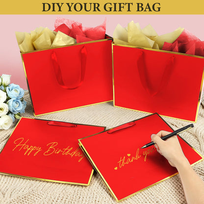 Addblu 12 Pack Large Gift Bags with Handles - Includes 36 Tissue Papers, 11.8x10x4 Inches for Thank You, Wedding, Bridesmaid, Christmas, Birthday, Party Five Senses Gifts (Red and Gold Trim, 12Pcs)