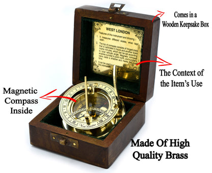 SARA NAUTICAL Antique Brass Sundial Compass, Sundial Clock in Box Gift Sun Clock Ship Replica Watch,Ship Decorations