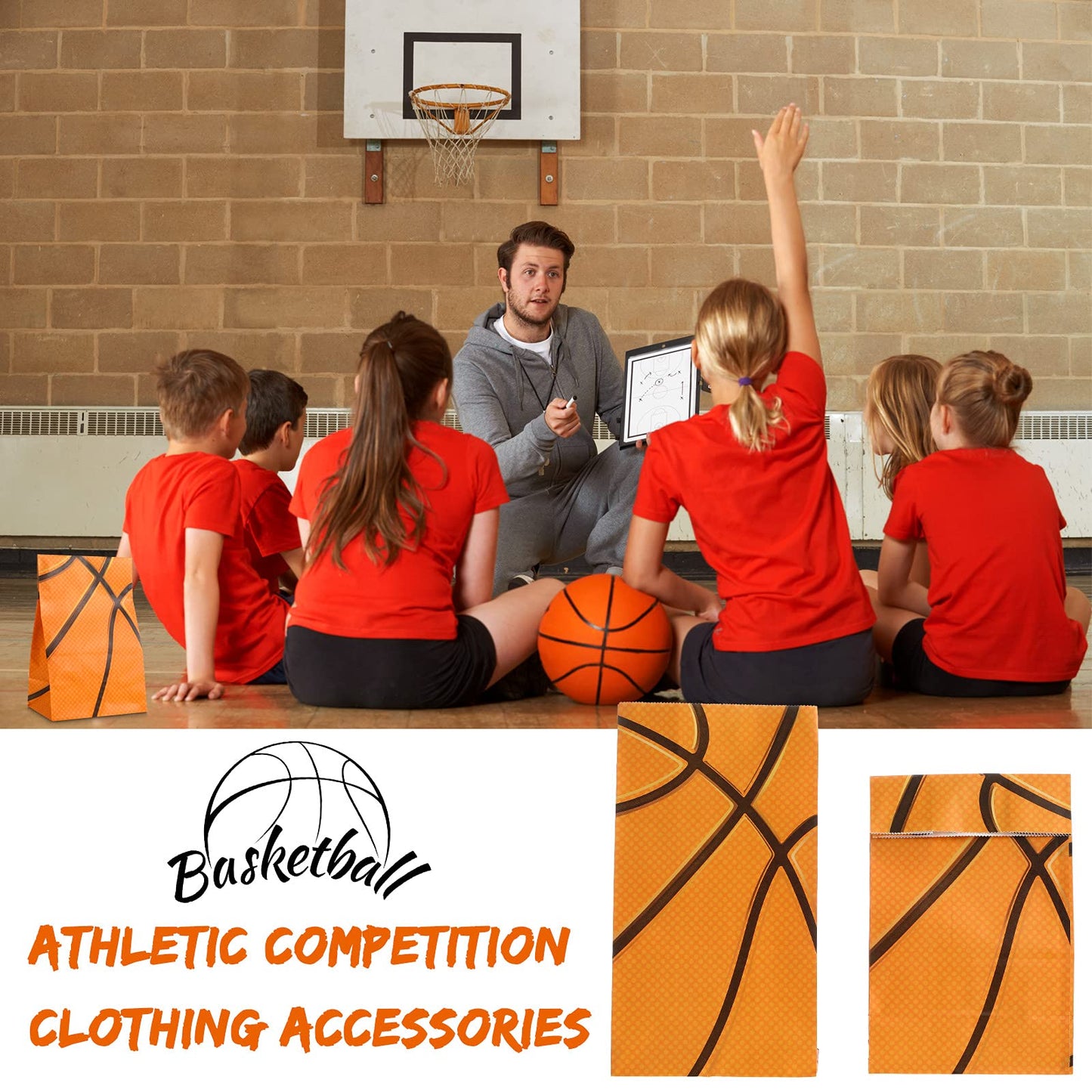 Outus 30 Pcs Basketball Gift Bags Basketball Goodie Bags Bulk Treat Snacks Candy Biscuits Toys Gift Kraft Supplies for Team Teen Adult Sport Ball Theme Birthday Present Party(Orange)
