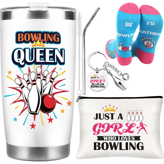 Bowling Gifts for Women Girls, Bowling Ball and Pins 20 oz Tumbler with Lid And Straw, Makeup Bag, Keychain, and Socks, Christmas Birthday Gifts for Bowlers Coach Sports Player