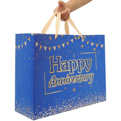 wishinside 16.5” Extra Large Anniversary Blue Gift Bag Set with Handles, Greeting Card, Tissue Papers and Stickers for Men Husband, for Anniversary Party, Wedding Party, 1 Pcs