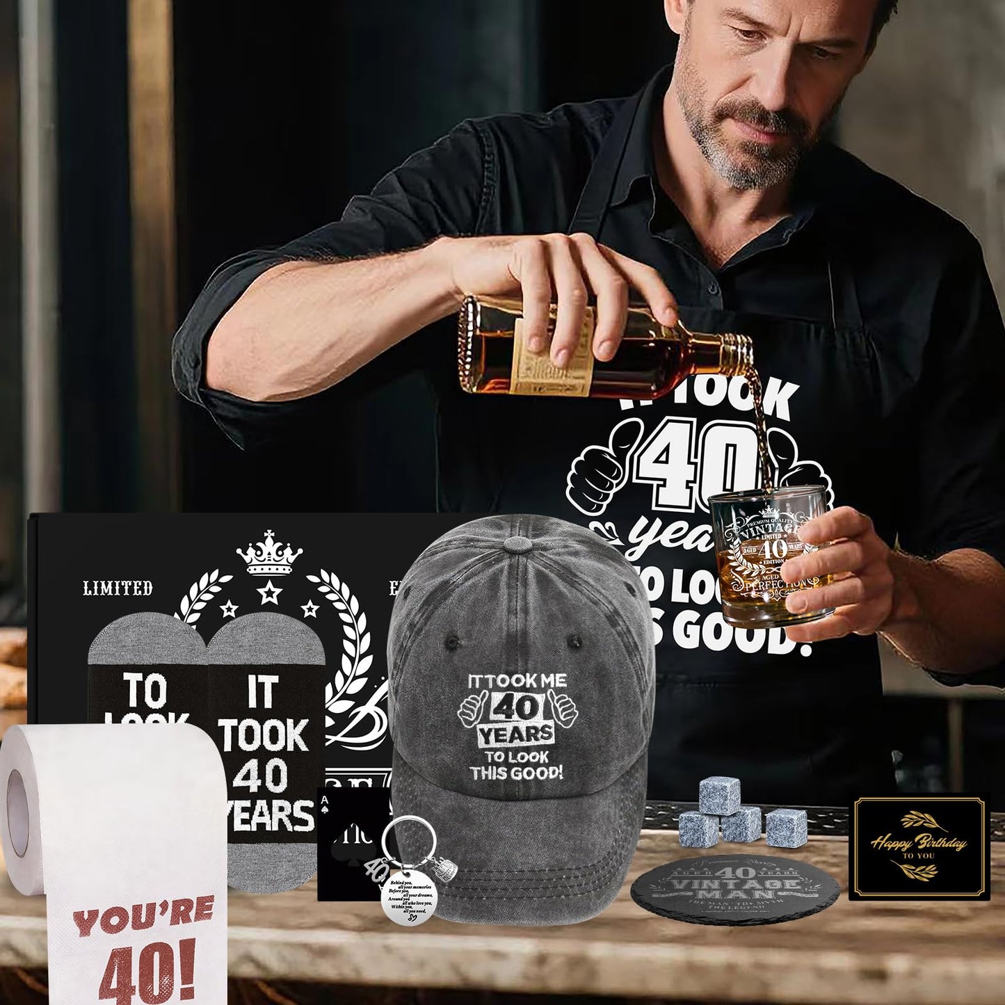 40th Birthday Gifts for Men Whiskey Glass Set, 40th Birthday Party Supplies with 11 Oz Whiskey Glass Coaster Stone Baseball Cap Apron Sock Toilet Paper Keychain for Him, Dad, Husband, Friends