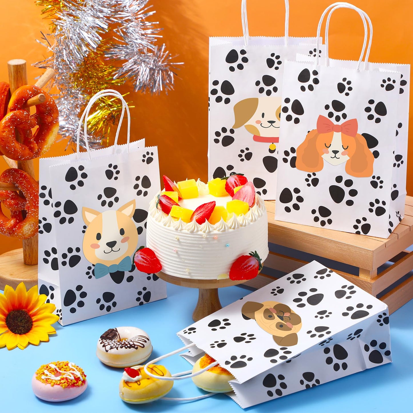 Blulu 50 Pcs Dog Gift Bags 6.3 x 3.1 x 8.6 Inch Paw Dog Treat Goodie Bag with Paper Twist Handles for Puppy Pet Party Favors Paw Print Party Supplies(Black)
