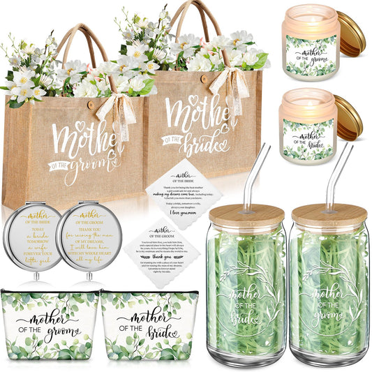 Hushee 2 Sets Mother of the Bride and Mother of the Groom Gifts Set Includes 16 oz Glass Cups Canvas Tote Bags Cosmetic Bag Handkerchief Candle for Mom Bridal Shower Wedding Gifts(Eucalyptus)