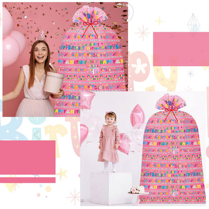 Teling 2 Pcs 80 x 60 in Jumbo Birthdays Gift Bags for Giant Present Extra Large Plastic Oversized Bike Birthdays Wrapping Bag for Baby Shower Party Favors(Pink)