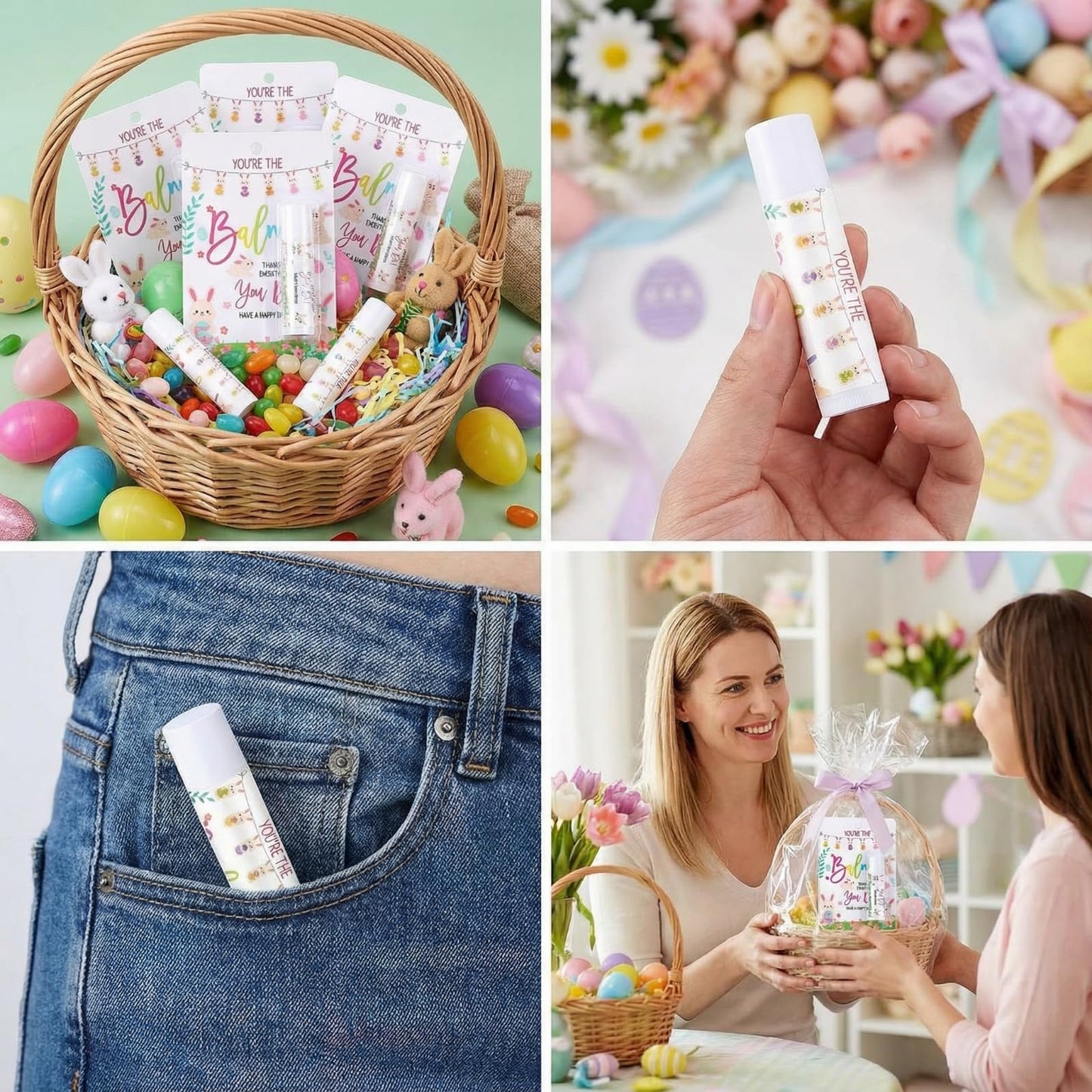 48 Pack Easter Basket Stuffers Lip Balm Gifts Bulk Easter Basket Fillers Party Favors for Adults Women Teacher Coworkers Thank You Gift Set You're the Balm Moisturizing Lip Care (Bunny)