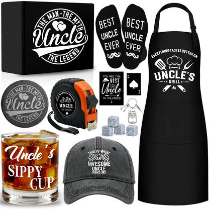 14 Pcs Best Uncle Ever Gifts with 11 Oz Uncle's Sippy Cup Whiskey Glass 4 Whiskey Stones Coaster Apron Hat Sock Tape Measure Keychain, Birthday Father's Day Christmas Gifts for Uncle