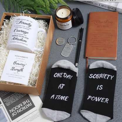 8 Pcs Sobriety Gifts for Men Women Sober Anniversary Present Set Alcoholics Anonymous Gifts Include Mug Socks Candle Journal Pen Sober Card Coin & Keychain Meaningful Sobriety Black Gift Box