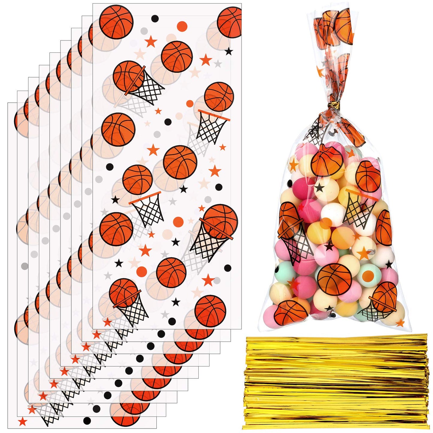 Zonon 100 Pcs Basketball Party Goodie Treat Bags Basketball Theme 5x11 Inch Plastic Cellophane Gift Candy Cookie Snack Sports Bag Birthday with 150 Pcs Gold Twist Ties for Valentines Team Party Favors