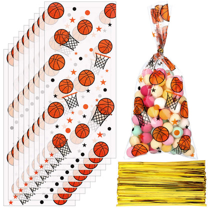 Zonon 100 Pcs Basketball Party Goodie Treat Bags Basketball Theme 5x11 Inch Plastic Cellophane Gift Candy Cookie Snack Sports Bag Birthday with 150 Pcs Gold Twist Ties for Valentines Team Party Favors