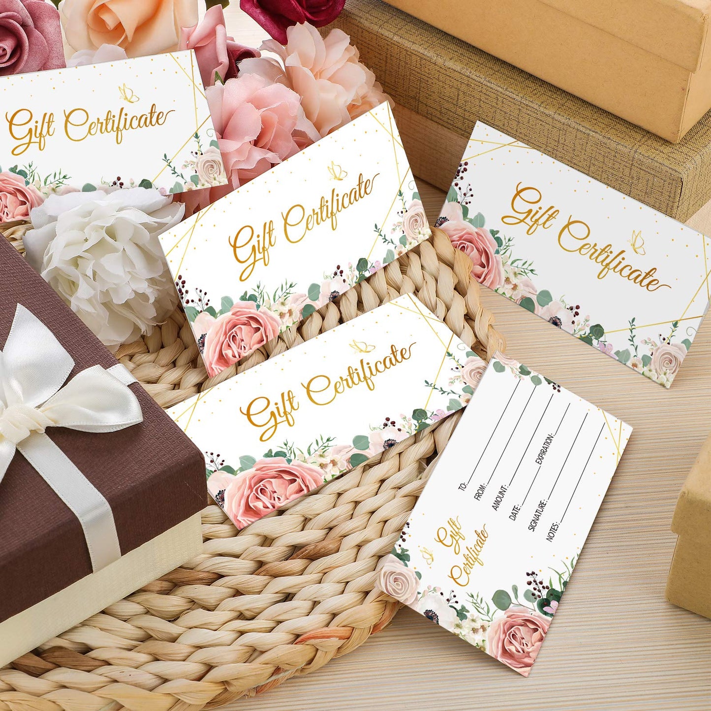 Zonon 100 Pcs gift certificates for business Blank Present Certificate Double Sided Floral Gold Foil Customer Client Paper Voucher Cards for Birthday, Spa, Work Business Present Card, 4.8 x 2.4 Inch