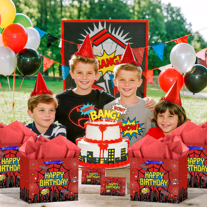 MOORIIY Hero Birthday Gift Bag with Greeting Card and Red Wrapping Paper, Spider Theme Birthday Gift Bag Red Heros Favors Bags for Men Kids Baby Shower Party Decor Supplies