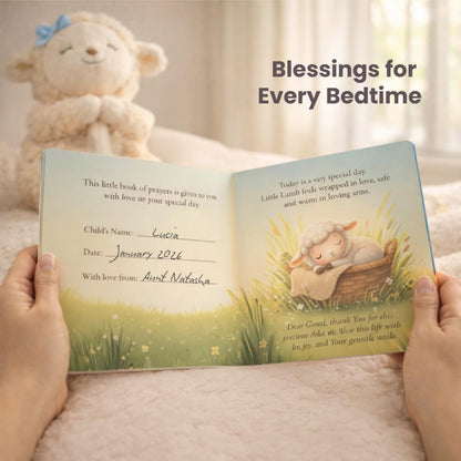 Baptism Gift for Boy Baptism Set with 10" Praying Lamb Plush Toy with Blue Bow, Bamboo Muslin Blanket & First Prayer Book, Ready to Gift Keepsake Box