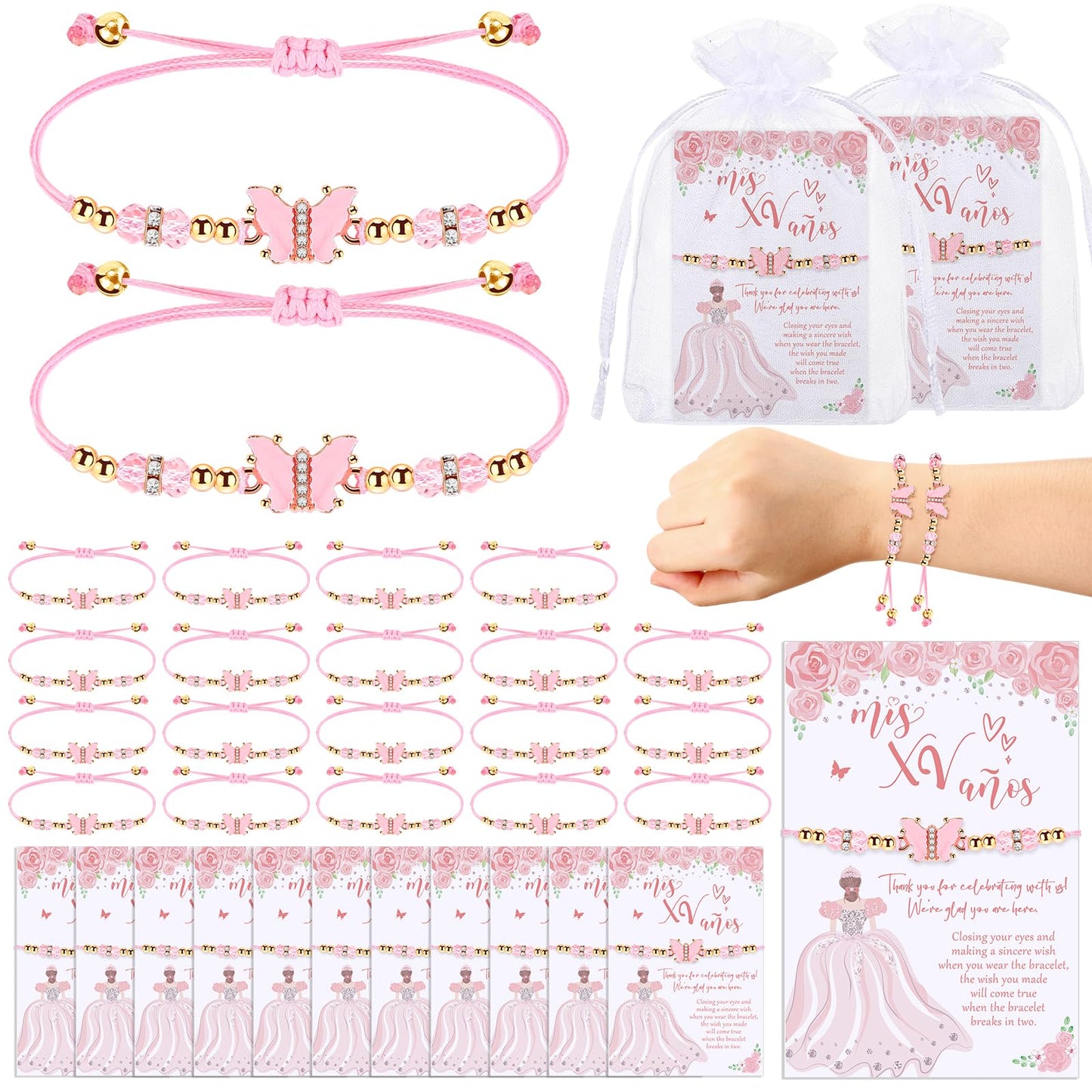 Wenqik 25 Sets Quinceañera Party Favors for Guests – Butterfly Wish Bracelet Set, Sweet 15 Birthday Keepsake Gifts for Girls