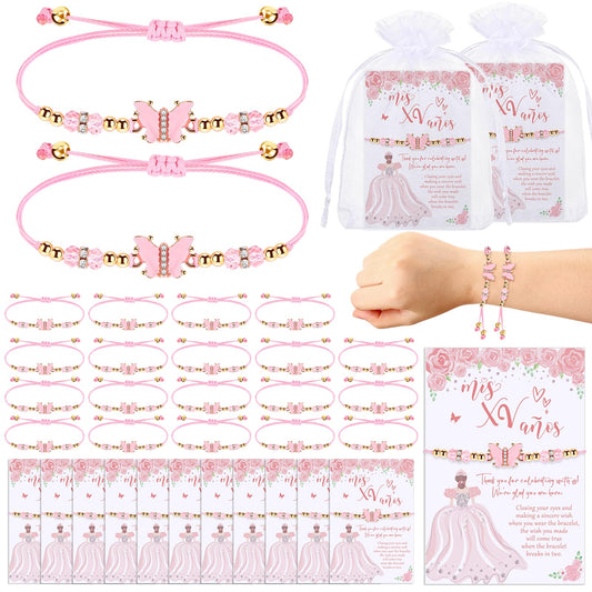 Wenqik 25 Sets Quinceañera Party Favors for Guests – Butterfly Wish Bracelet Set, Sweet 15 Birthday Keepsake Gifts for Girls