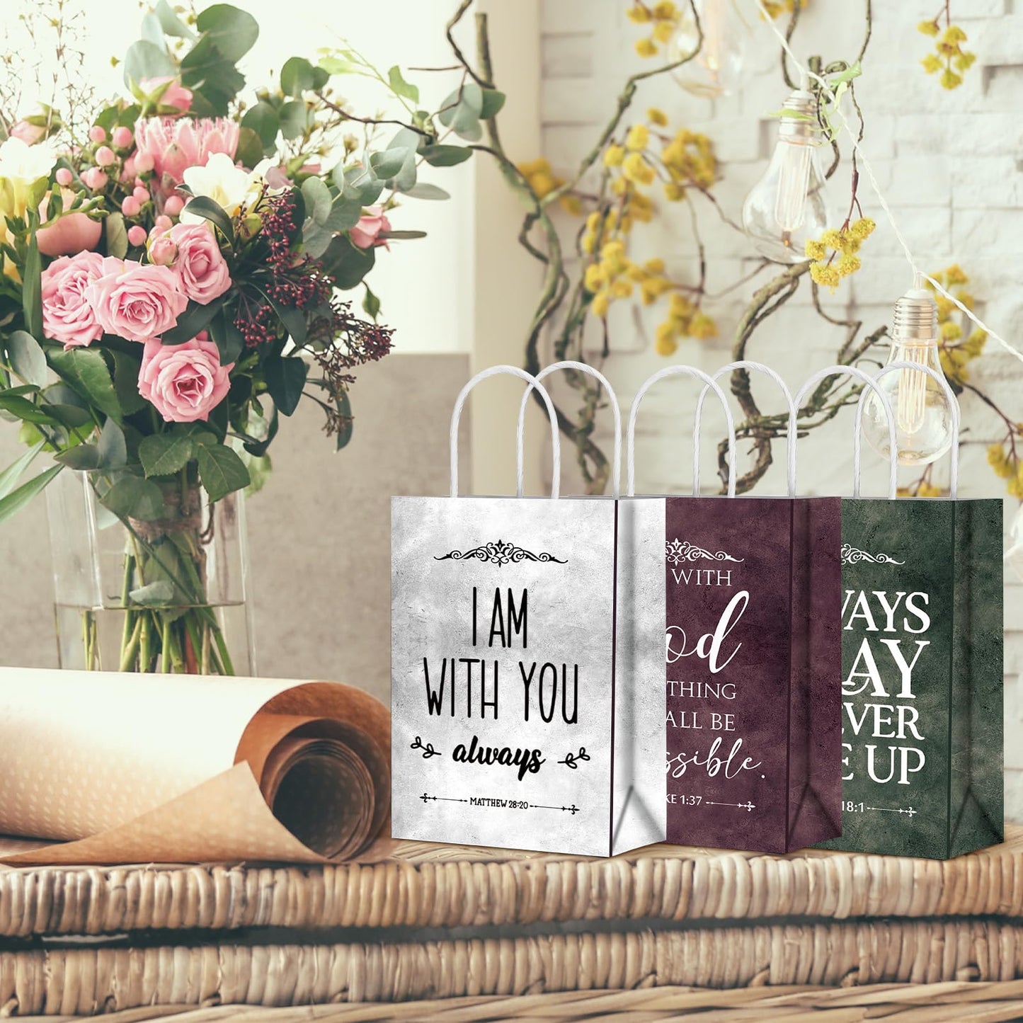 Skyygemm 24 Pcs Fathers Day Christian Gift Bags Bulk Religious Bible Verse Treat Bags with Handles Inspirational Scripture Church Gifts for Men Women Dad Mom Christian Church Party Favors Decorations