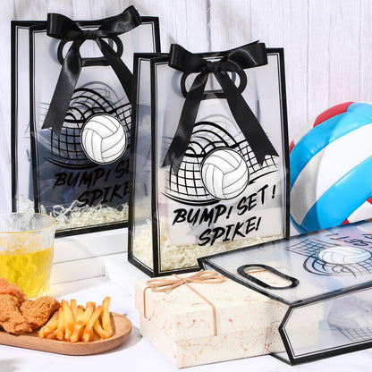 Aliceset 12 Pcs Volleyball Clear Goodie Bag with Die Cut Handles and Ribbons Sport Theme Party Favor Bags for Volleyball Team Snack Wrapping Teamer Gifts Birthday Party Treats Supplies, 7x10x3.15 Inch