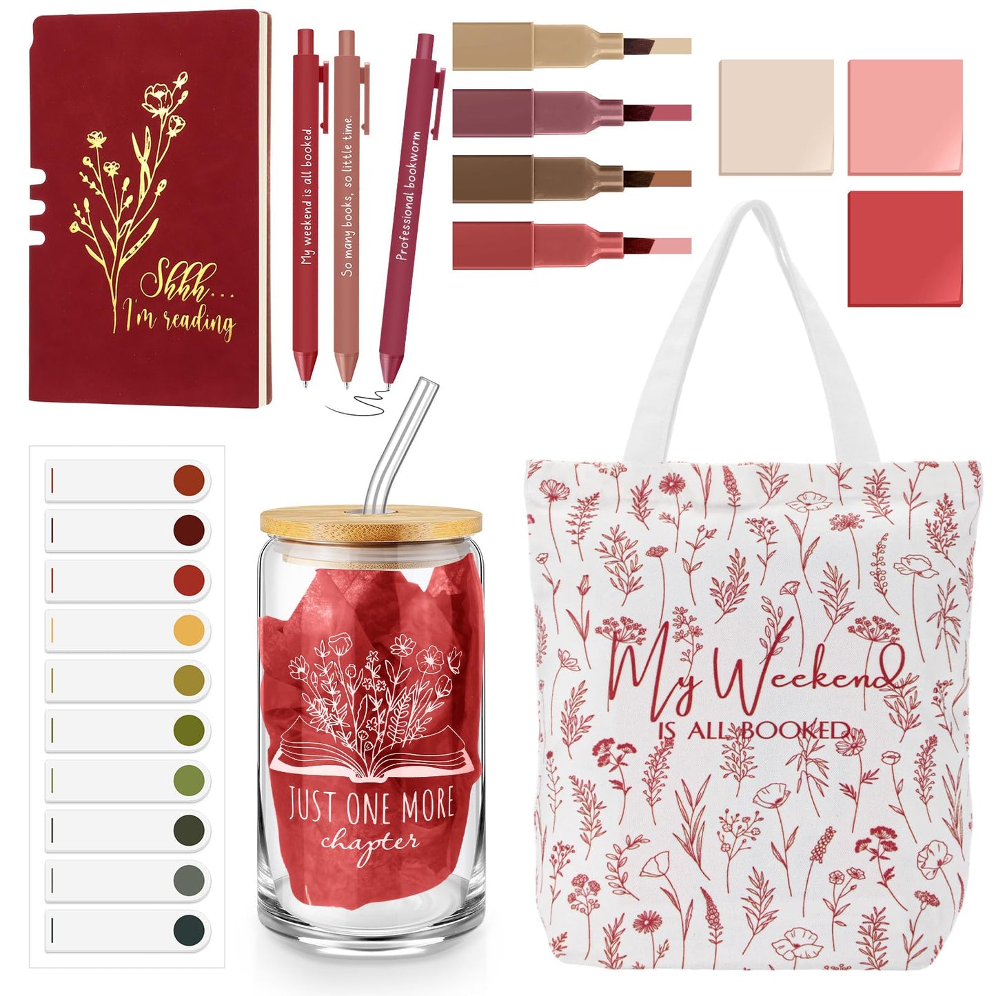Havawish 14 Pcs Book Lovers Gifts for Women 16 oz Glass Cup Tote Bag A6 Journal Notebook Ballpoint Pens Highlighters Sticky Notes for Library Reader Bookworm Book Club(Red,Aesthetic)
