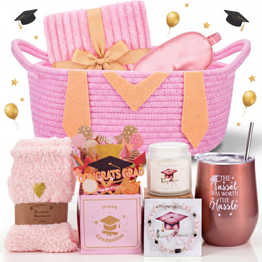 Patelai Pink Graduation Gift Basket Set for Her 2026, with Tumbler Blanket Candle Socks Bracelet Eye Mask Card, High School College Masters Degree Graduation Gifts for Friend Daughter Niece